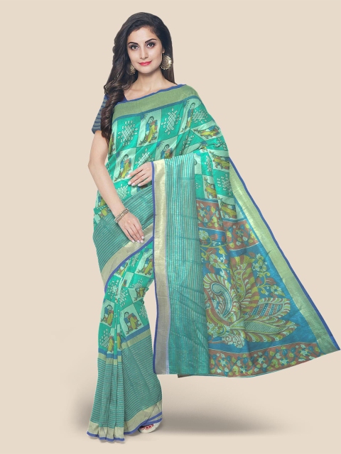 

Kalamandir Teal Green Ethnic Motifs Zari Linen Blend Banarasi Saree