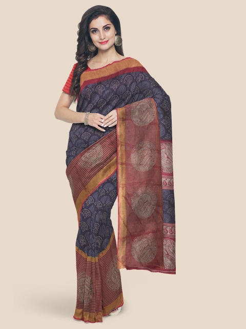 

Kalamandir Navy Blue & Maroon Ethnic Motifs Zari Linen Blend Banarasi Saree
