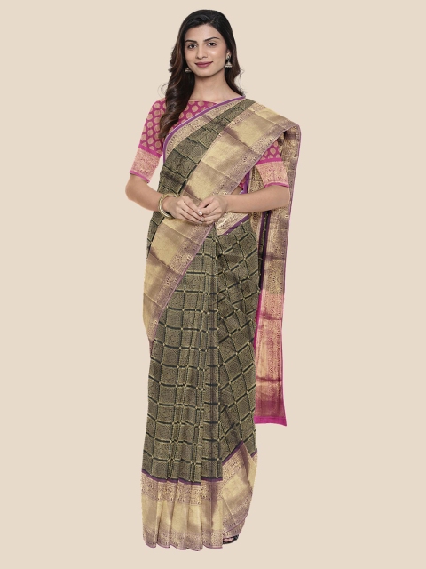 

Kalamandir Black & Fuchsia Ethnic Motifs Zari Silk Blend Banarasi Saree