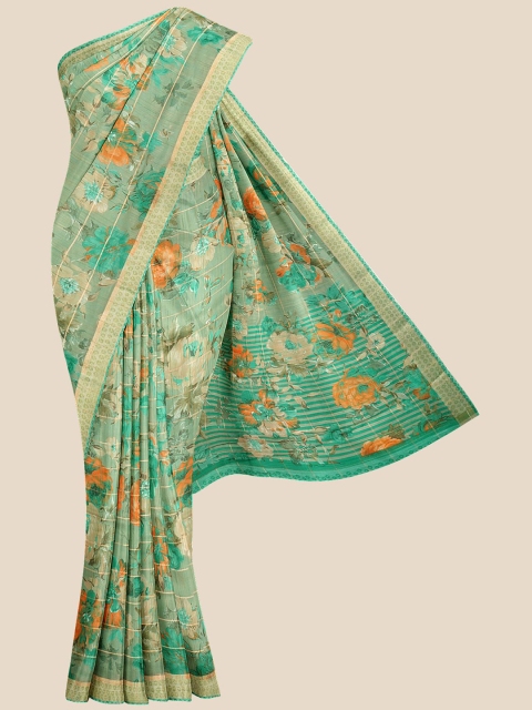 

Kalamandir Green & Orange Floral Zari Linen Blend Banarasi Saree