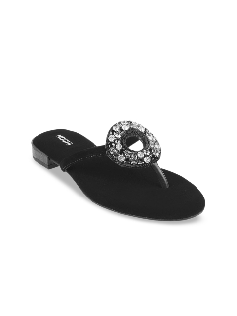 

Mochi Women Black & White Embellished T-Strap Flats