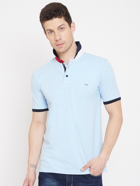 

Okane Men Blue Mandarin Collar Pockets T-shirt