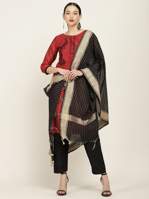 

Soch Red & Black Machine Embroidered Art Silk Unstitched Dress Material