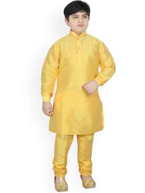 

SG YUVRAJ Boys Gold-Toned Layered Raw Silk Kurta with Churidar