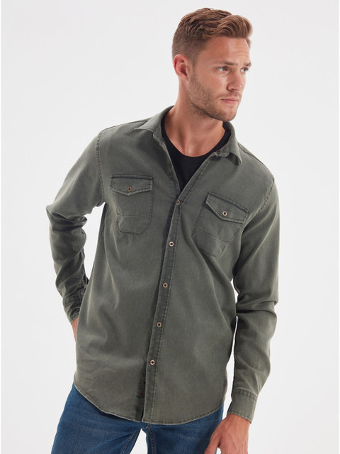 

Trendyol Men Olive Green Faded Cotton Denim Casual Shirt