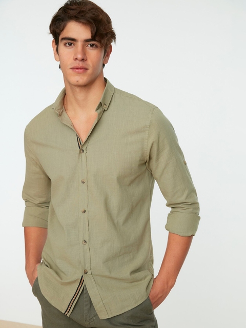 

Trendyol Men Khaki Solid Cotton Casual Shirt