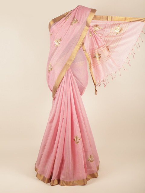 

Pothys Pink & Gold-Toned Floral Embroidered Jute Cotton Saree