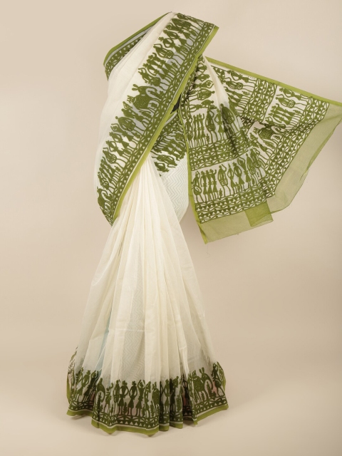 

Pothys Cream-Coloured & Olive Green Embroidered Supernet Saree