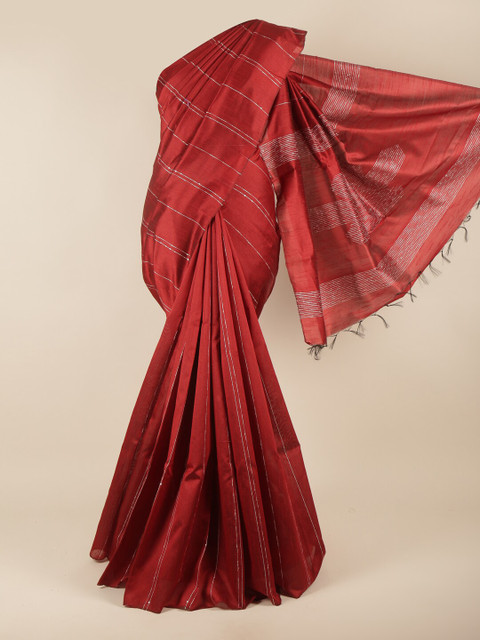 

Pothys Maroon & Silver-Toned Striped Jute Cotton Saree