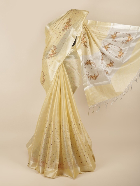 

Pothys Cream-Coloured Ethnic Motifs Embroidered Jute Cotton Saree
