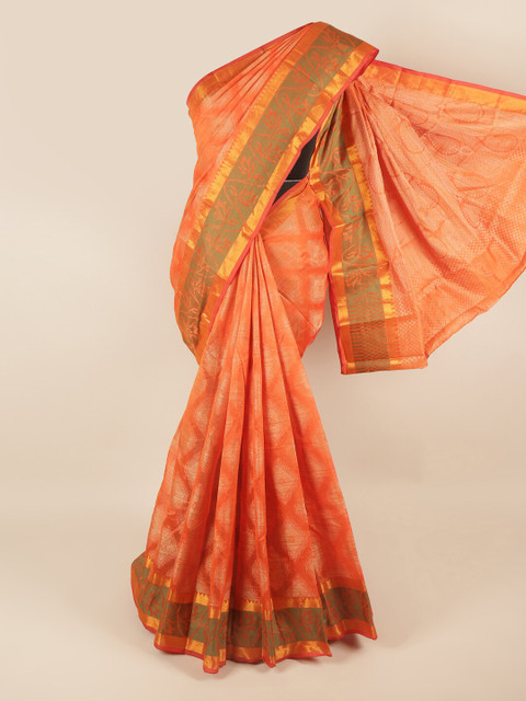

Pothys Orange & Green Floral Zari Cotton Blend Saree