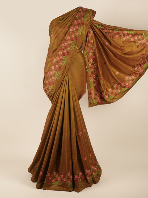 

Pothys Olive Green & Pink Floral Embroidered Art Silk Saree