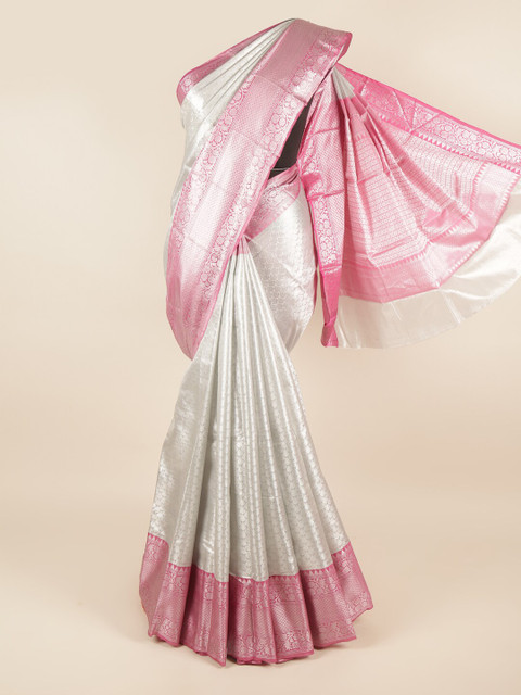 

Pothys Silver-Toned & Pink Ethnic Motifs Zari Tissue Saree