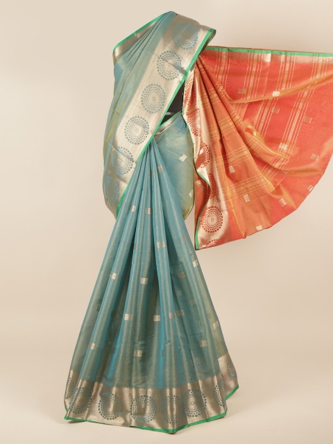 

Pothys Teal Blue & Golden Ethnic Motifs Zari Tissue Saree