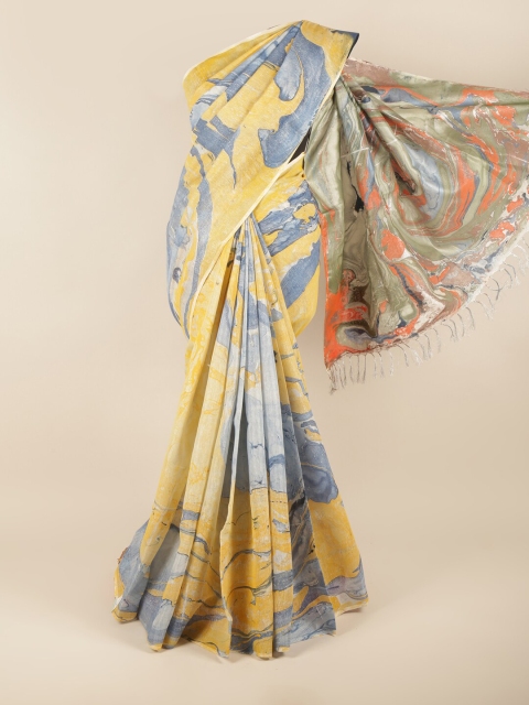 

Pothys Multicolour Yellow & Blue Printed Jute Cotton Saree