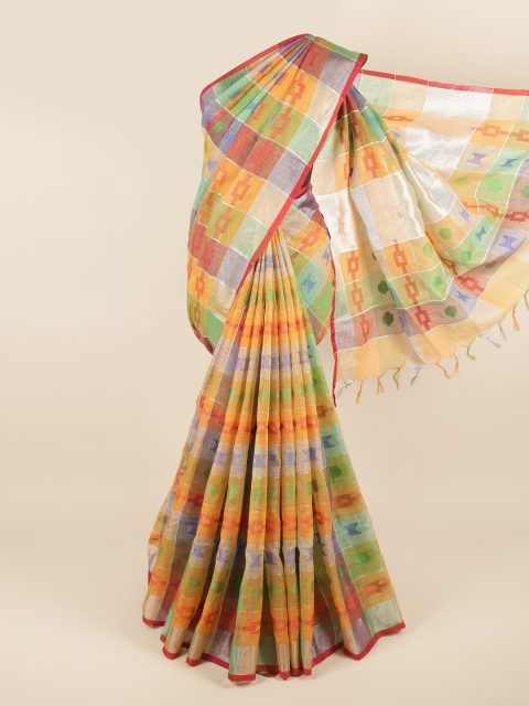 

Pothys Orange & Blue Checked Zari Jute Cotton Saree