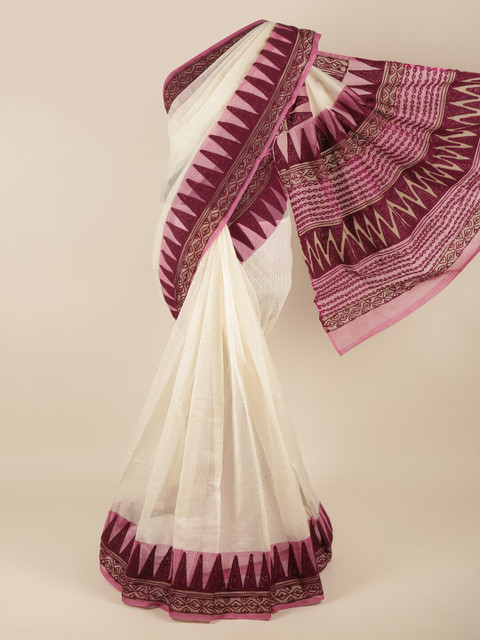 

Pothys Cream-Coloured & Pink Embroidered Supernet Saree