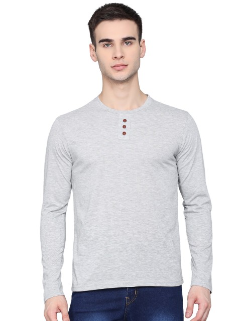 

PockMAN Men Grey Henley Neck Pockets T-shirt