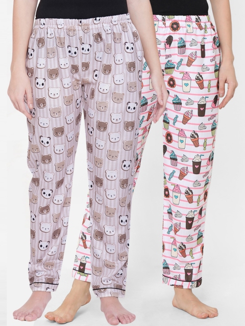 

FashionRack Women Pack Of 2 Brown & White Printed Cotton Lounge Pants