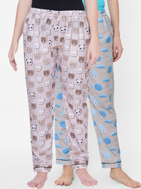 

FashionRack Women Pack Of 2 Brown & Grey Printed Cotton Lounge Pants