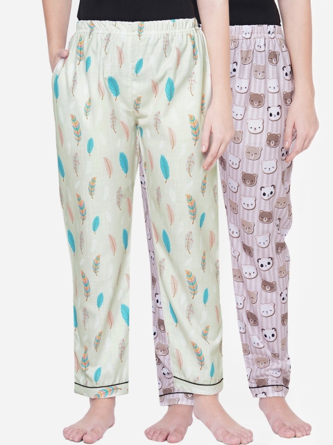 

FashionRack Women Pack Of 2 Cream-Coloured & Brown Printed Cotton Lounge Pants