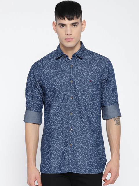 

Wills Lifestyle Men Navy Blue Slim Fit Printed Chambray Casual Shirt