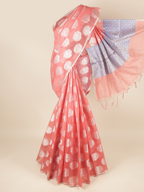 

Pothys Peach-Coloured & Blue Ethnic Motifs Zari Saree