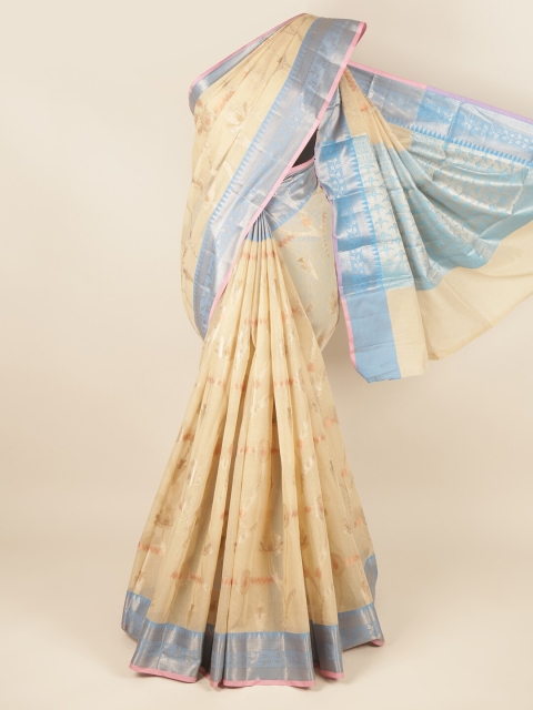 

Pothys Cream-Coloured & Blue Ethnic Motifs Zari Saree