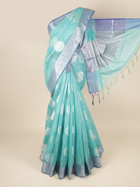 

Pothys Blue & Silver-Toned Floral Zari Saree