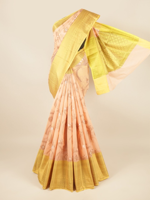 

Pothys Peach-Coloured & Gold-Toned Floral Zari Saree