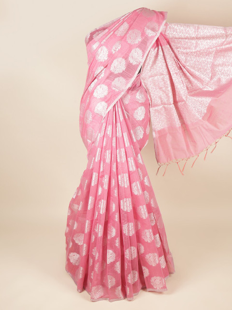 

Pothys Pink & Silver-Toned Floral Zari Saree