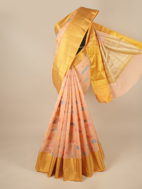 

Pothys Peach-Coloured & Blue Floral Zari Saree