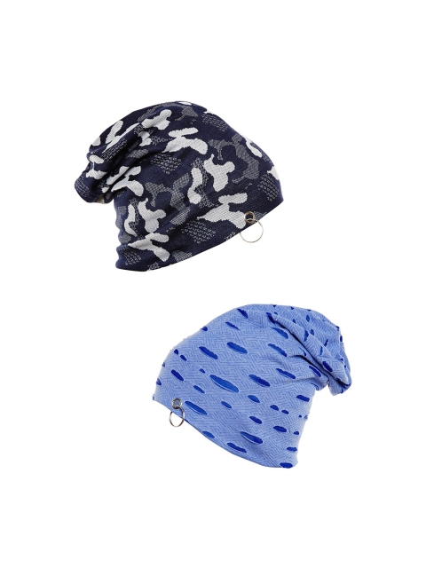

VIMAL JONNEY Unisex Pack of 2 Navy Blue & Grey Self Design Beanie Caps