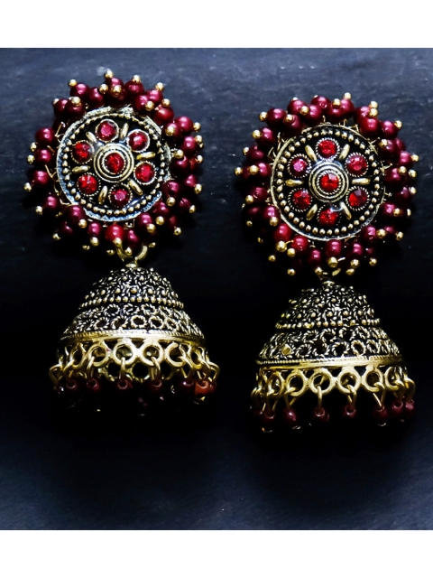 

AVANT-GARDE PARIS Gold-Plated Maroon Beaded Dome Shaped Enamelled Jhumkas