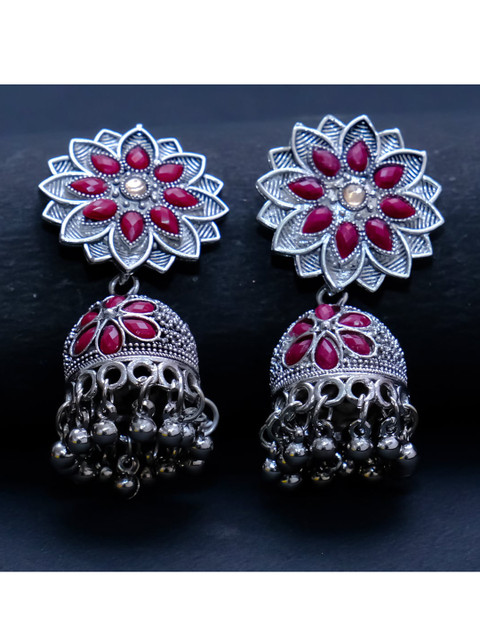 

AVANT-GARDE PARIS Silver-Plated Oxidised Maroon Dome Shaped Jhumkas Earrings