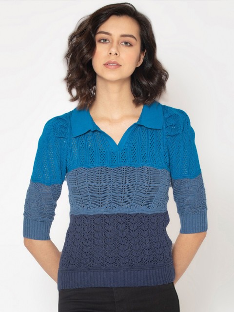 

SHAYE Blue & Grey Pure Cotton Knitted Top