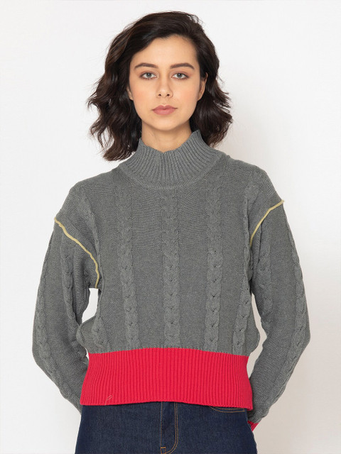 

SHAYE Women Grey Melange & Red Cable Knit Pullover