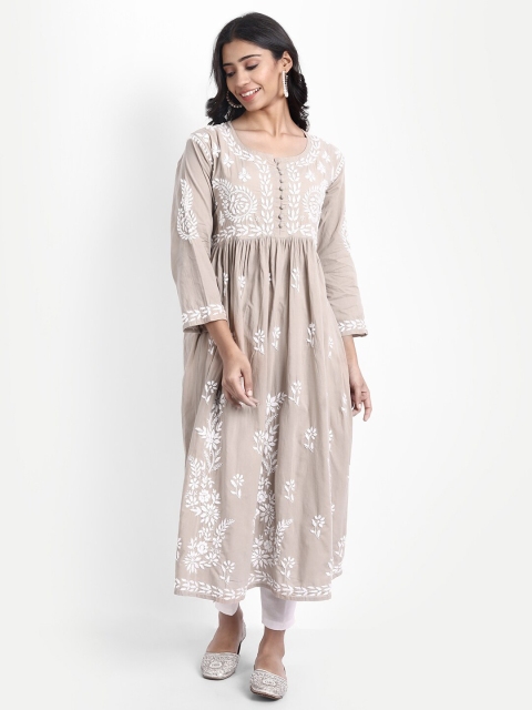 

HOUSE OF KARI Beige Hand Embroidery Chickenkari Cotton Maxi Dress