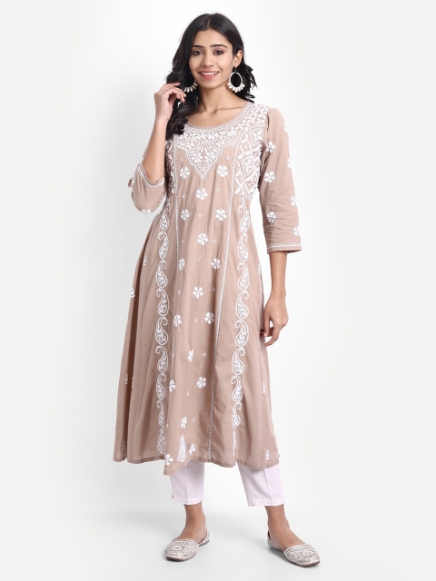 

HOUSE OF KARI Beige Hand Embroidery Chickenkari Cotton A-Line Midi Dress