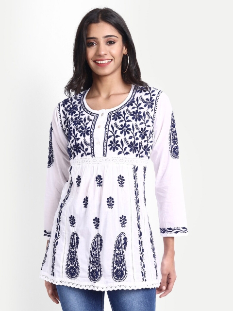 

HOUSE OF KARI White & Blue Embroidered Tunic