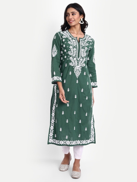 

HOUSE OF KARI Green Hand Embroidery Chickenkari Cotton A-Line Midi Dress