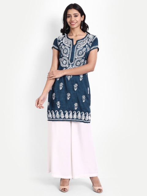 

HOUSE OF KARI Women Blue Hand Embroidery Chickenkari Cotton