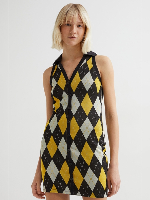 

H&M Woman Black & Multi Jacquard-knit dress