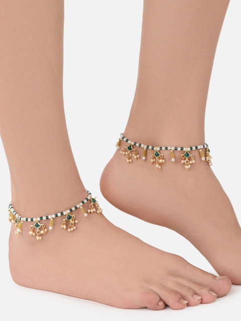 

Zaveri Pearls Set Of 2 Gold-Plated Green & White Kundan & Crystals Studded Anklets