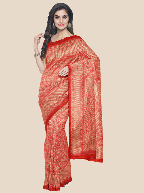 

KLM Fashion Mall Red & Beige Bandhani Silk Blend Bandhani Saree