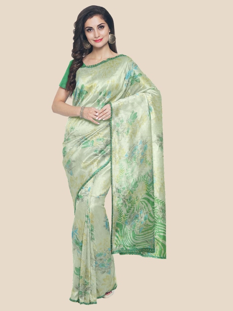 

KLM Fashion Mall Green Floral Printed Embellished Poly Georgette Saree