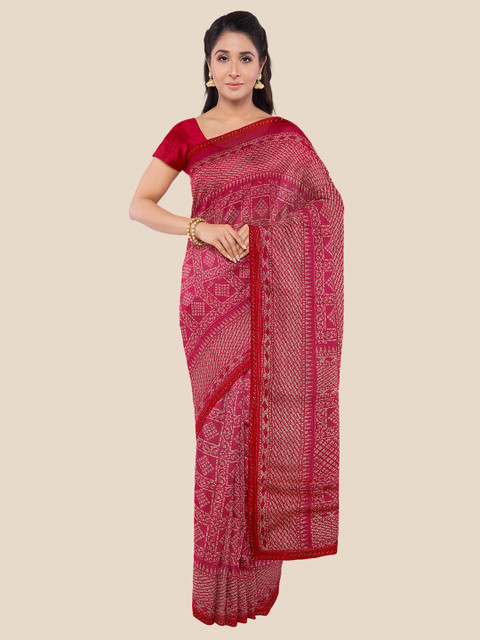 

KLM Fashion Mall Pink & White Bandhani Silk Blend Bandhani Saree
