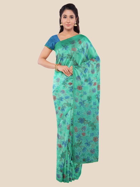 

KLM Fashion Mall Sea Green & Blue Floral Printed Saree