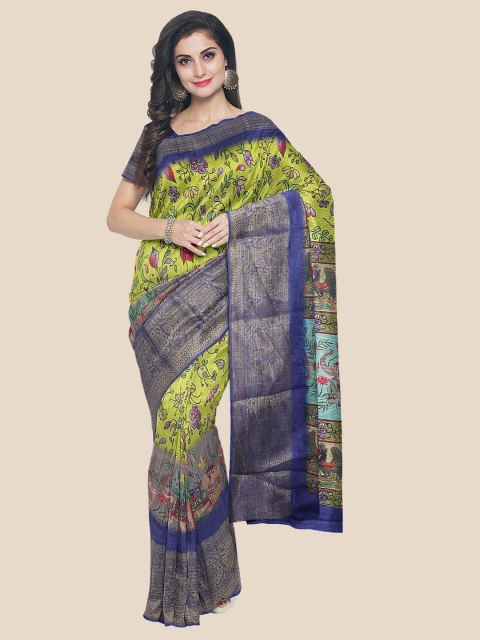 

KLM Fashion Mall Lime Green & Navy Blue Kalamkari Silk Blend Banarasi Saree