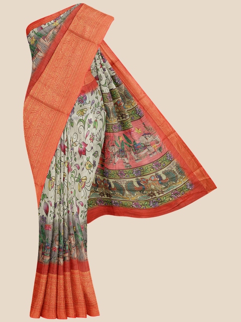 

KLM Fashion Mall Cream-Coloured & Orange Kalamkari Zari Silk Blend Banarasi Saree